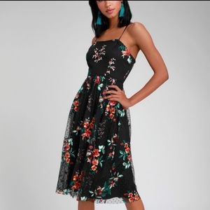 Lulu's Down To Party Black Floral Embroidered Midi Dress